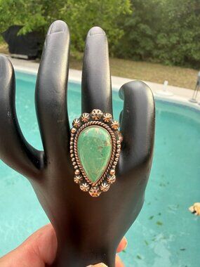 Artisan handcrafted Hubei Turquoise Copper Statement Ring Southwest Boho  Adj 9g